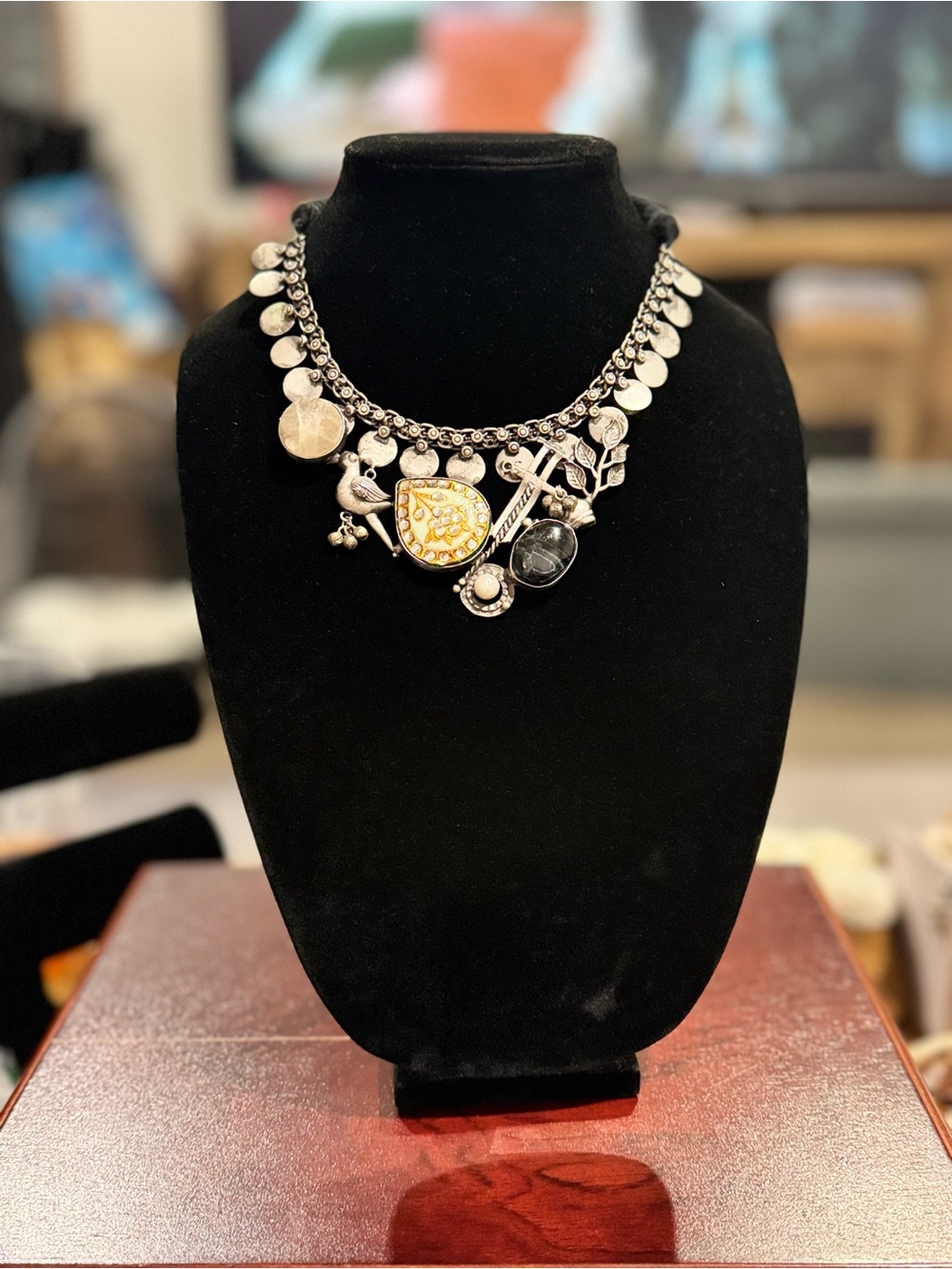Silver Charm Bib Necklace with Gold Accent - Women Jewelry